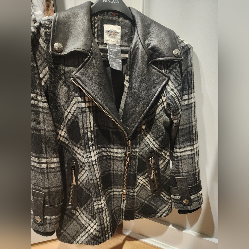 Harley-Davidson Black and White Wool / Leather Plaid Jacket